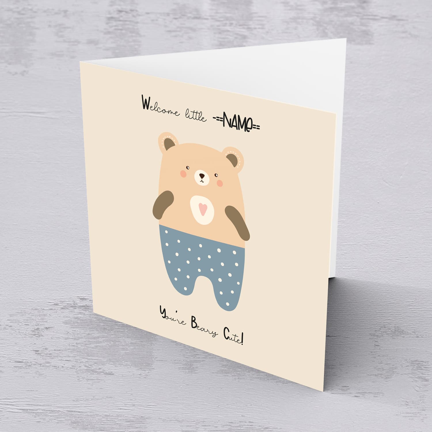 Beary Cute teddy bear, wearing blue pants with white dots New Born card for Boys in English (Personalisable)