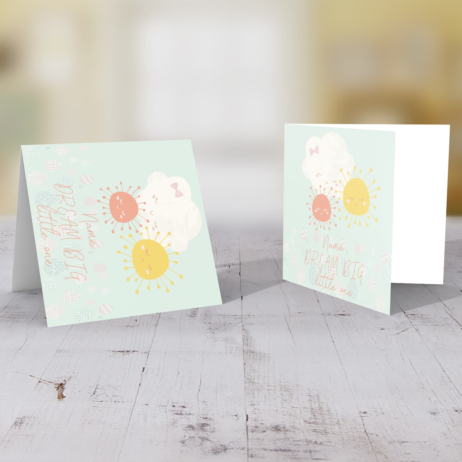 Cloud themed new born personaliseable card for girl in English