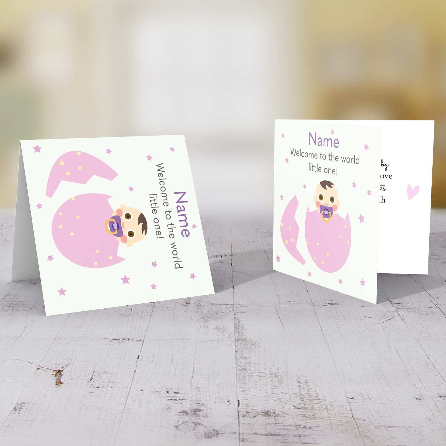 New born personalisable card for girl in pink egg with stars in English