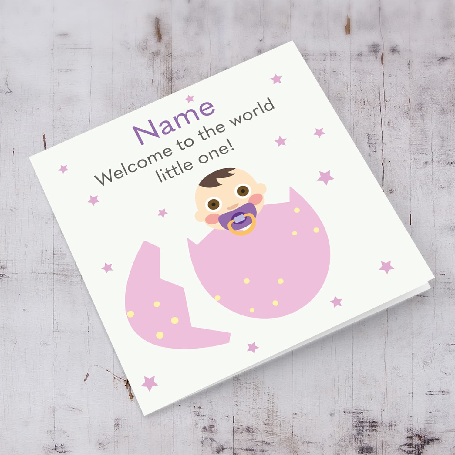New born personalisable card for girl in pink egg with stars in English