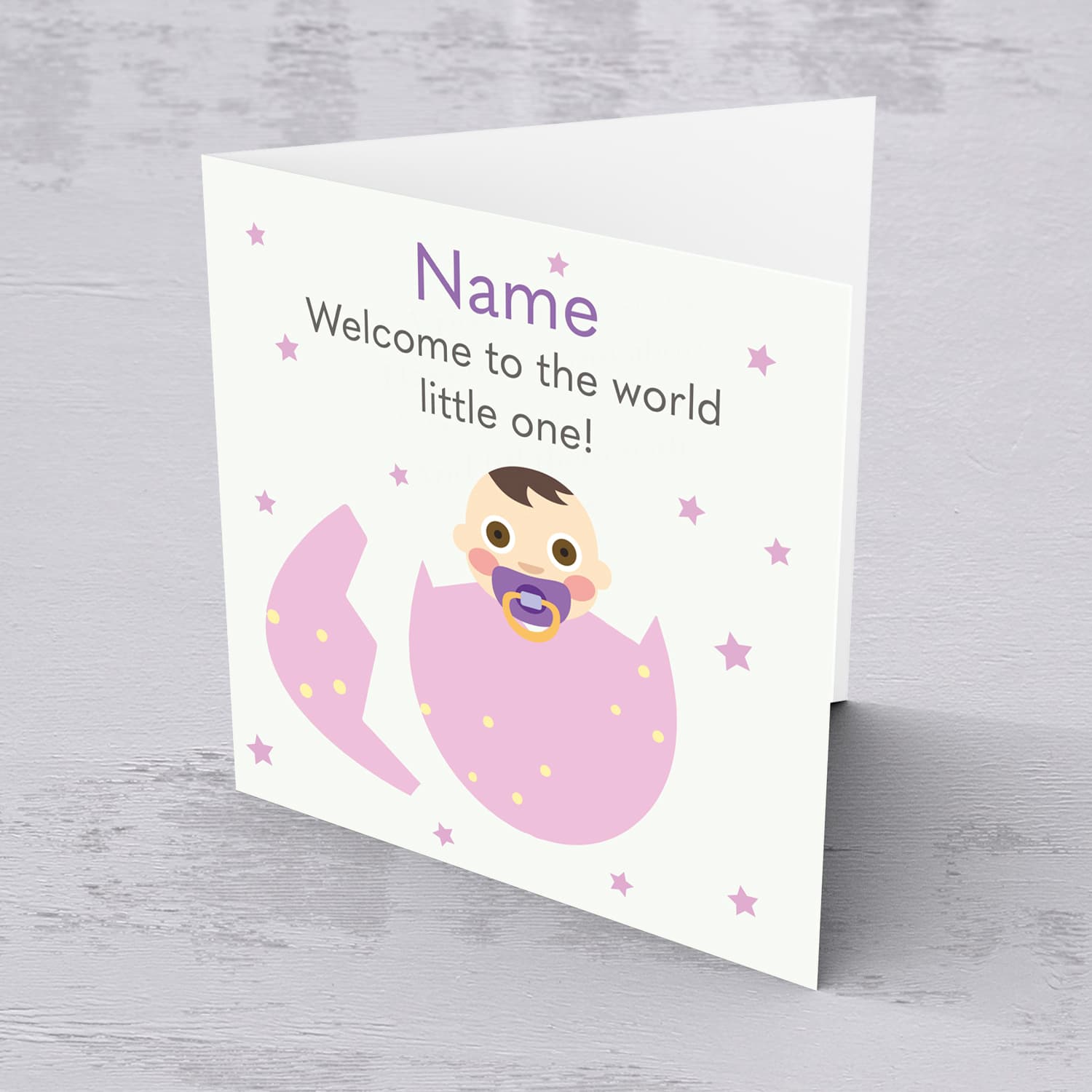 New born personalisable card for girl in pink egg with stars in English