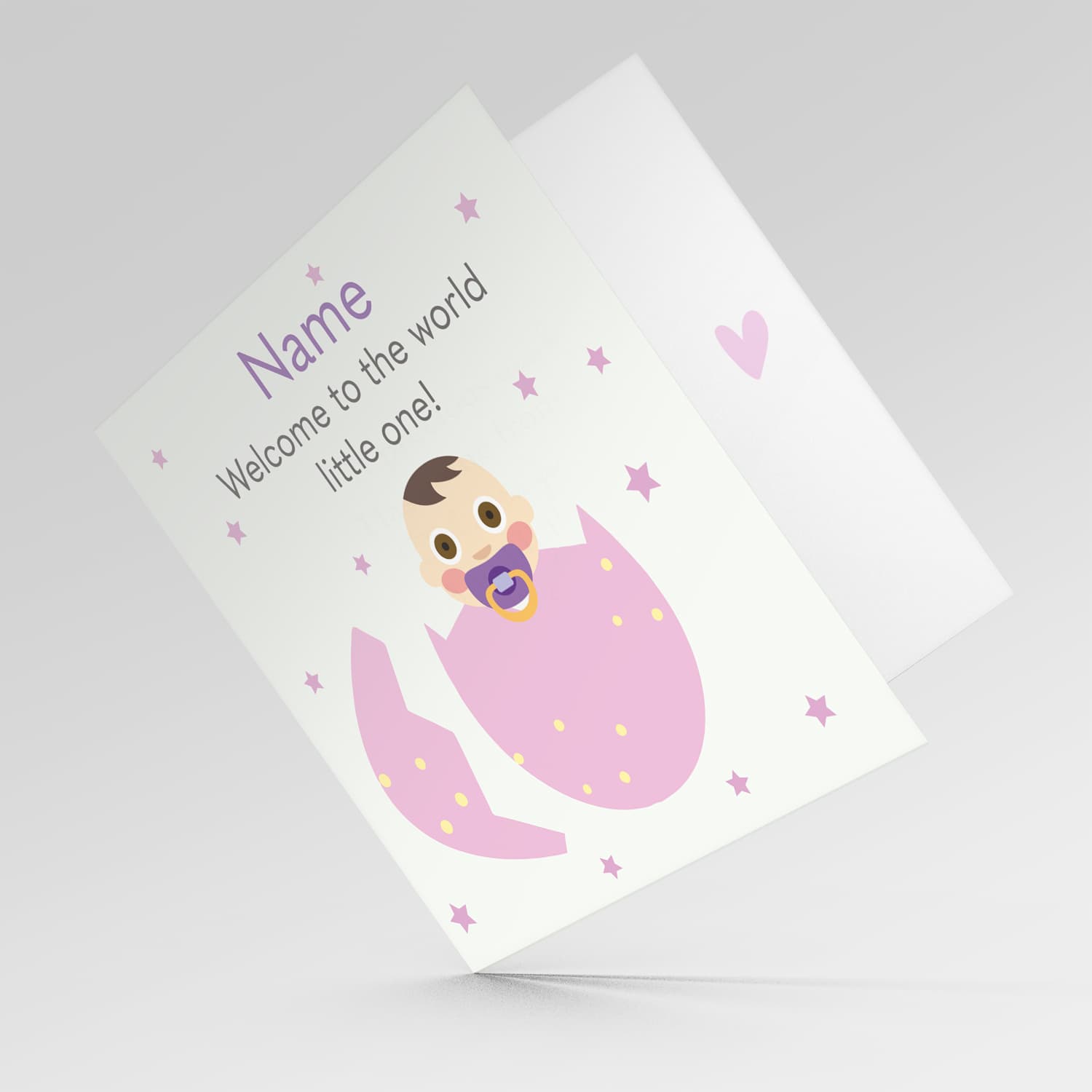 New born personalisable card for girl in pink egg with stars in English