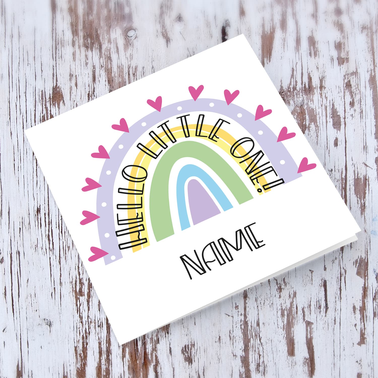 Rainbow themed new born personaliseable card for girls in English with text in rainbow