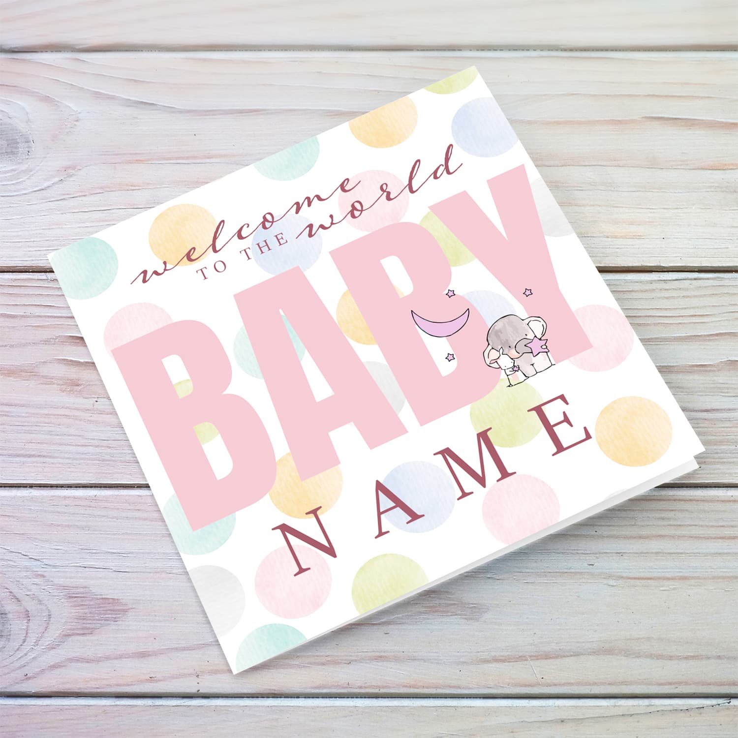 Welcome to the world baby girl - new born for girls greeting card in pastel background, featuring cute elephant in English (Personalisable)