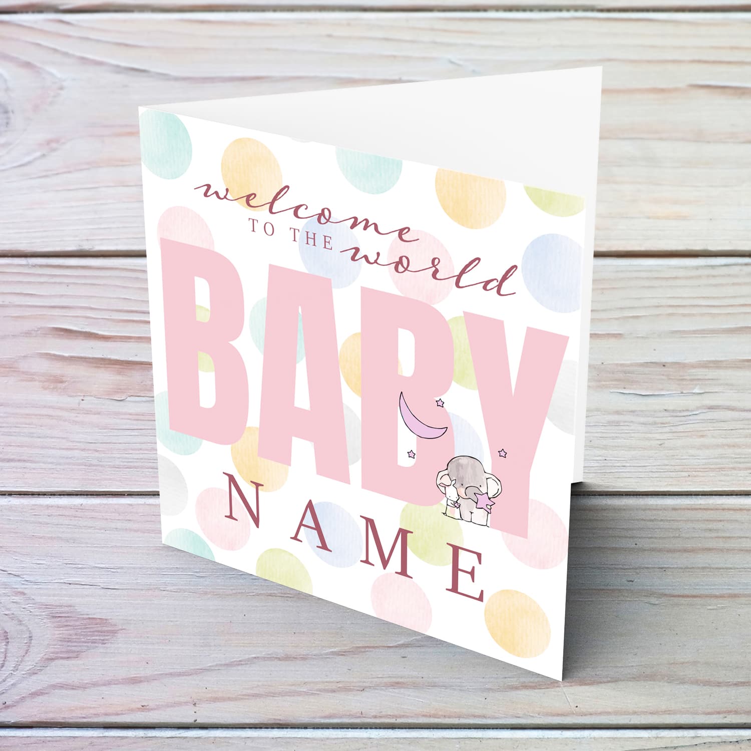 Welcome to the world baby girl - new born for girls greeting card in pastel background, featuring cute elephant in English (Personalisable)