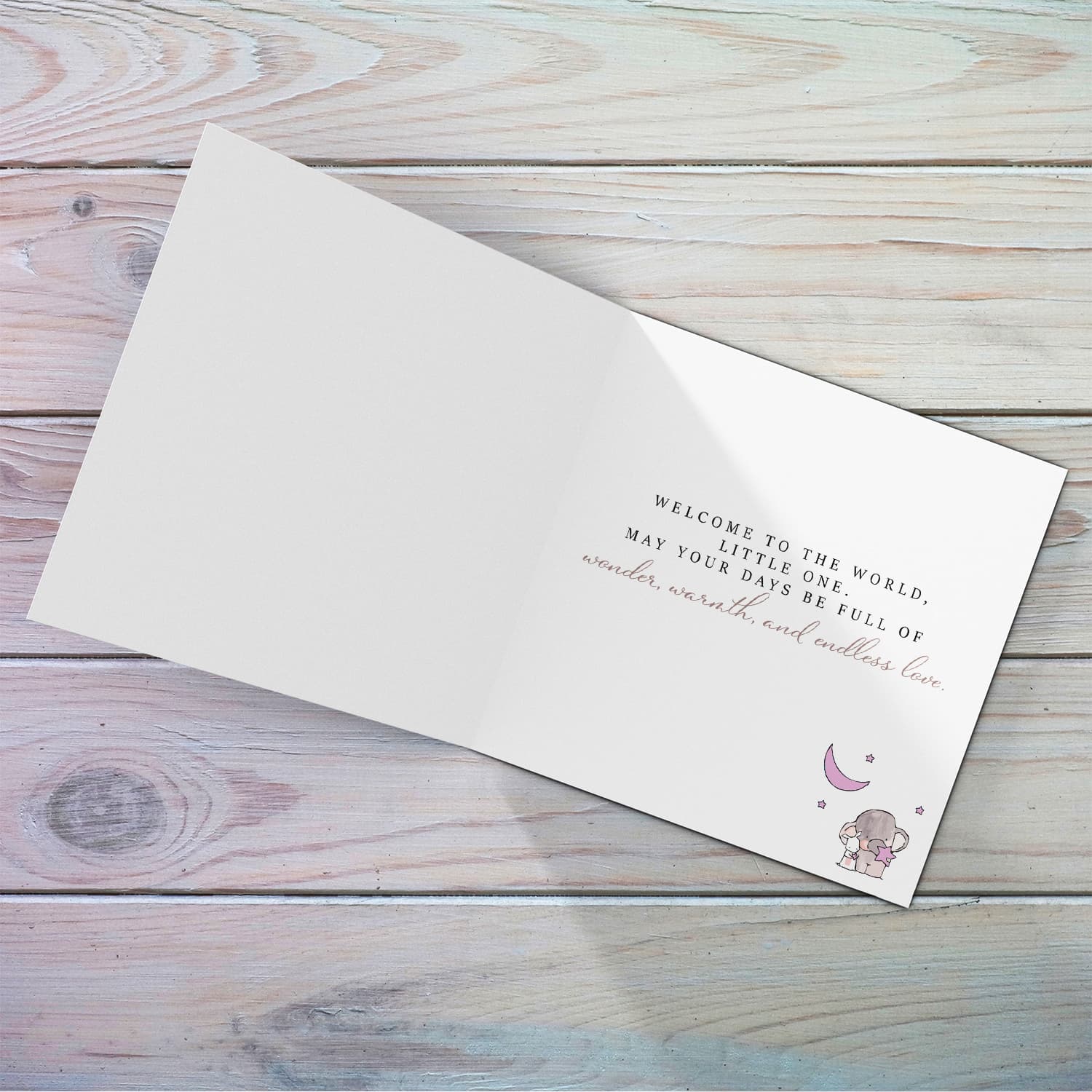 Welcome to the world baby girl - new born for girls greeting card in pastel background, featuring cute elephant in English (Personalisable)