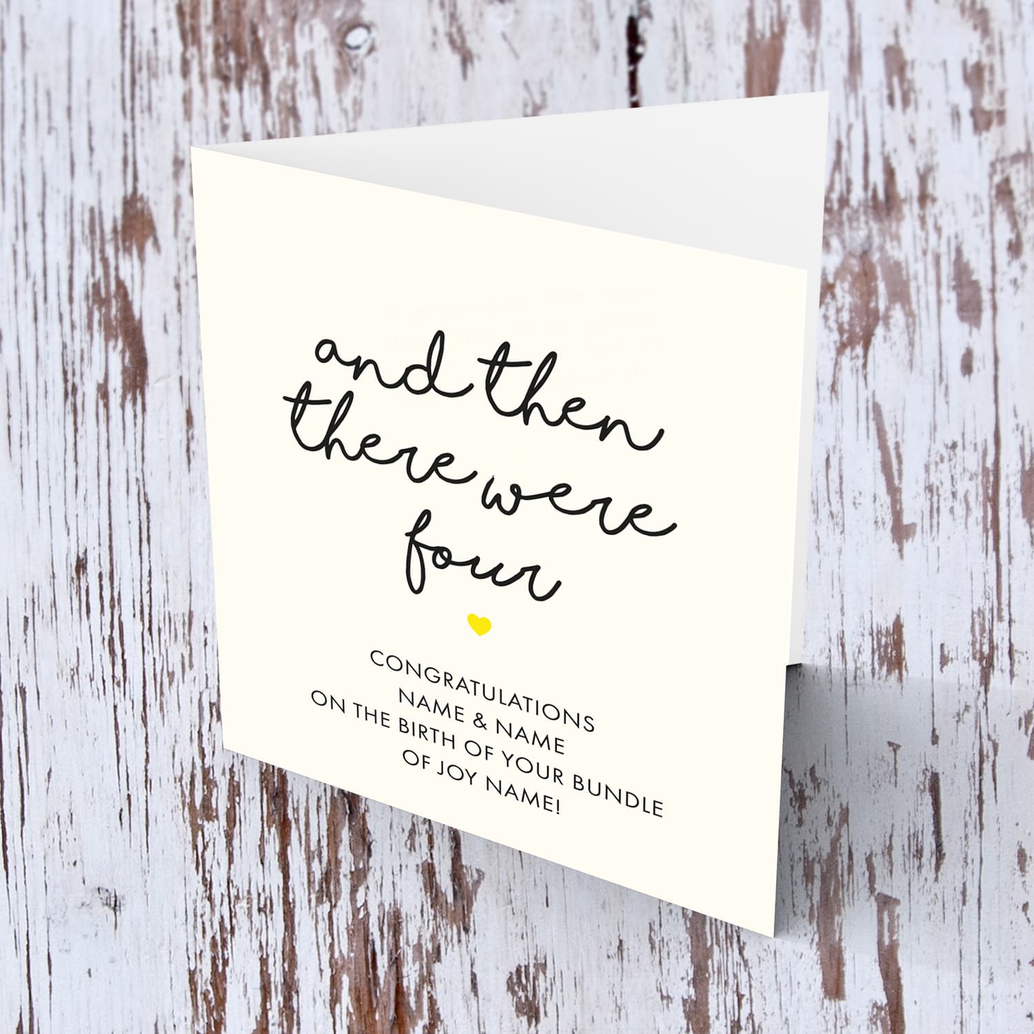 And then there were four - personalisable new born card in English