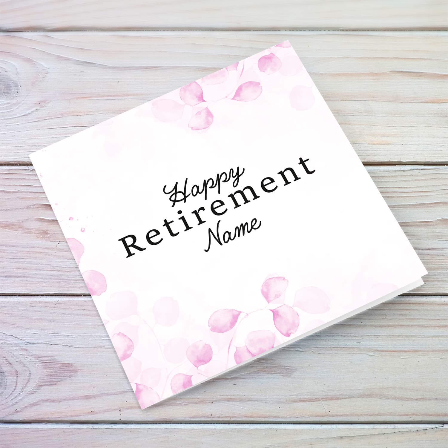 A dainty pink leave / plant background retirement card with black text in English (Personalisable & Blank inside)