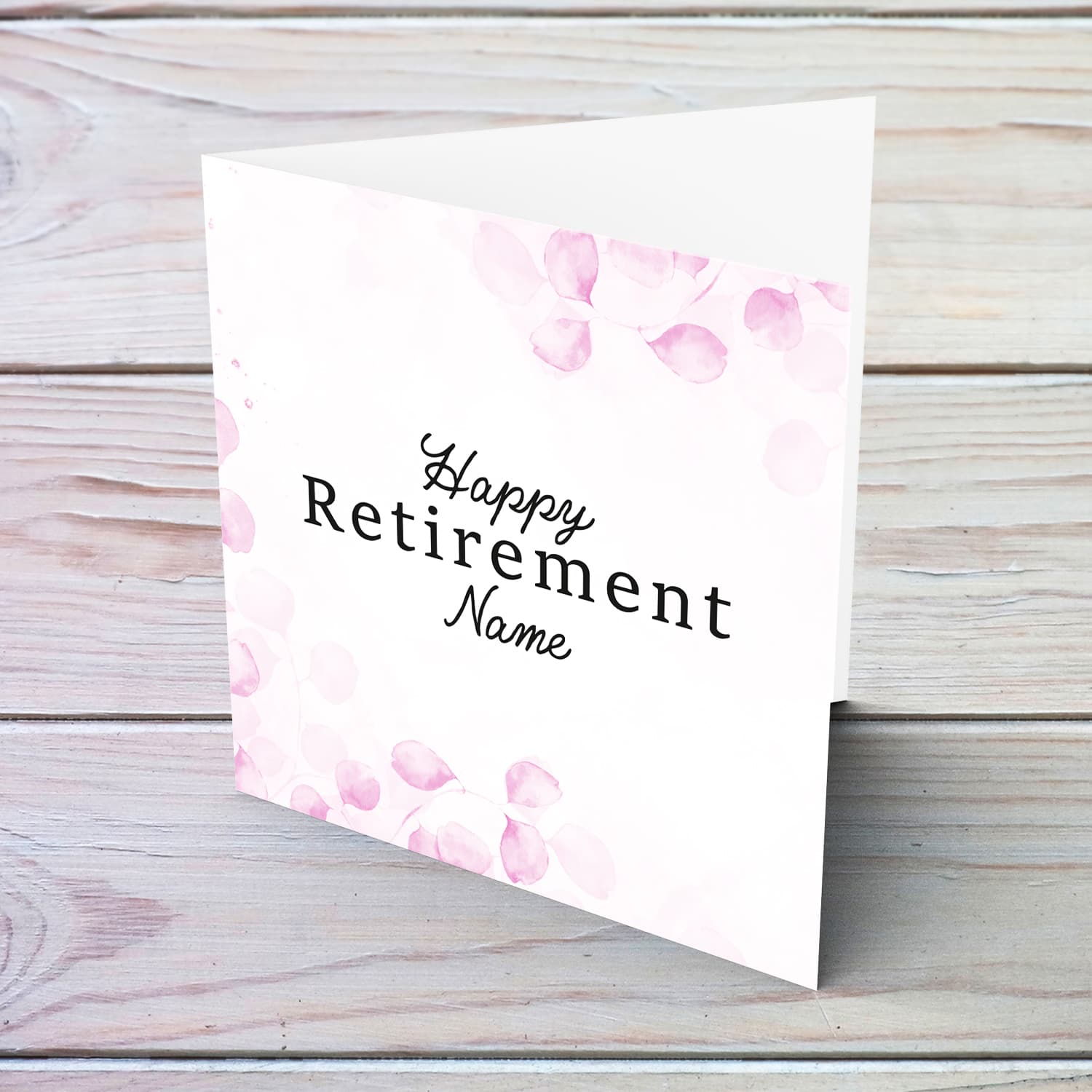 A dainty pink leave / plant background retirement card with black text in English (Personalisable & Blank inside)