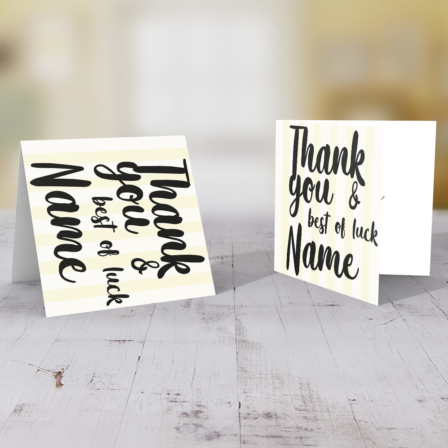 Striped background in pastel yellow and white thank you and best of luck card in English