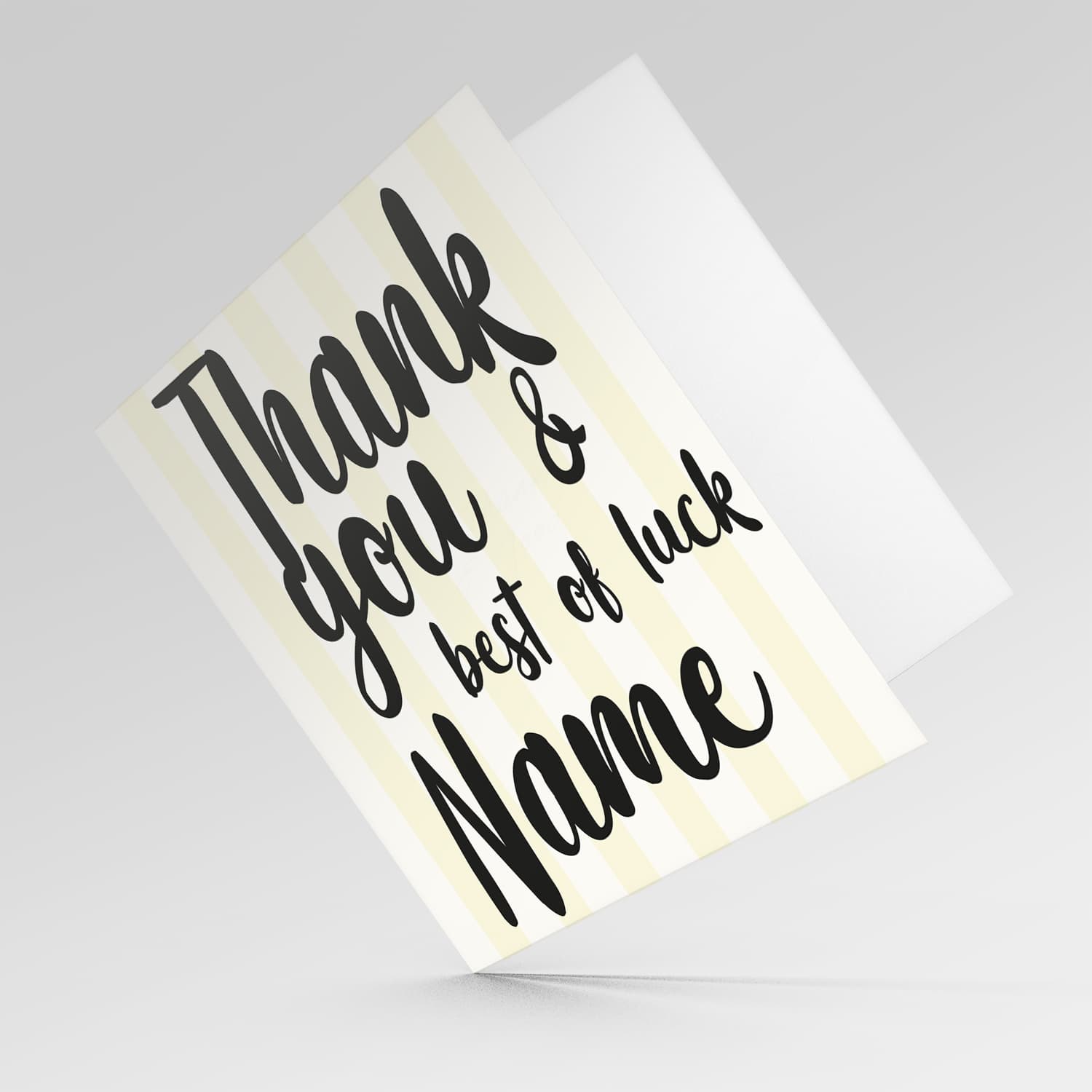Striped background in pastel yellow and white thank you and best of luck card in English