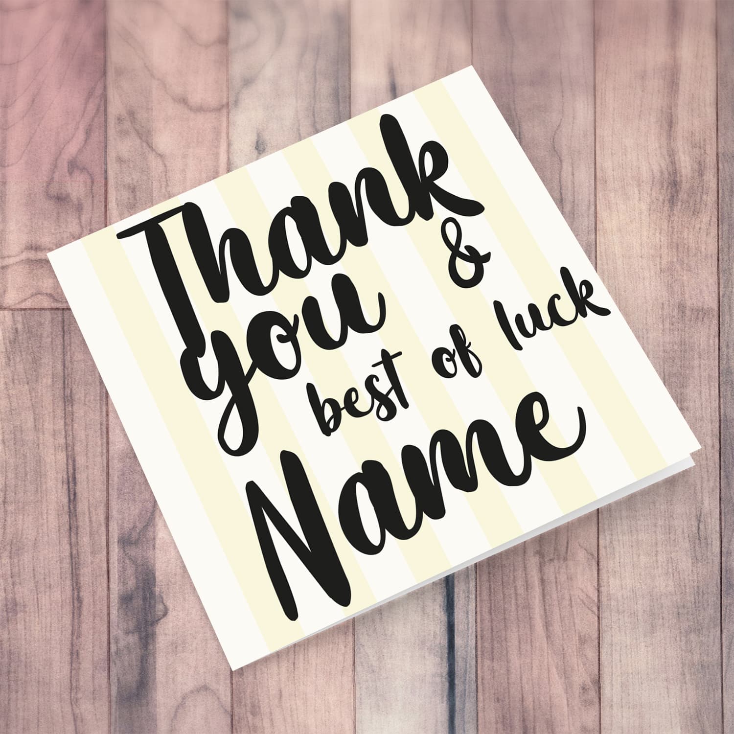 Striped background in pastel yellow and white thank you and best of luck card in English