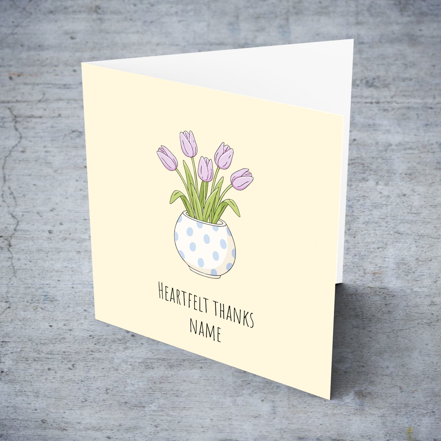 A beautiful thank you card featuring light purple tulips in spotted vase and neutral background in English (Personalisable) 