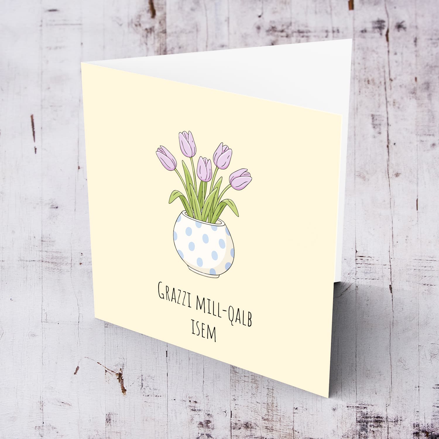 A beautiful thank you card featuring light purple tulips in spotted vase and neutral background in Maltese (Personalisable) 