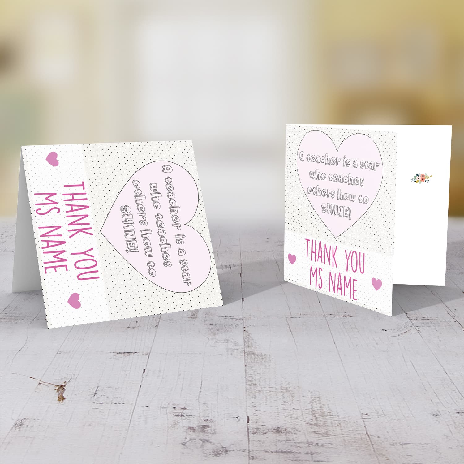 Heart themed personalisable thank you card for teacher in English