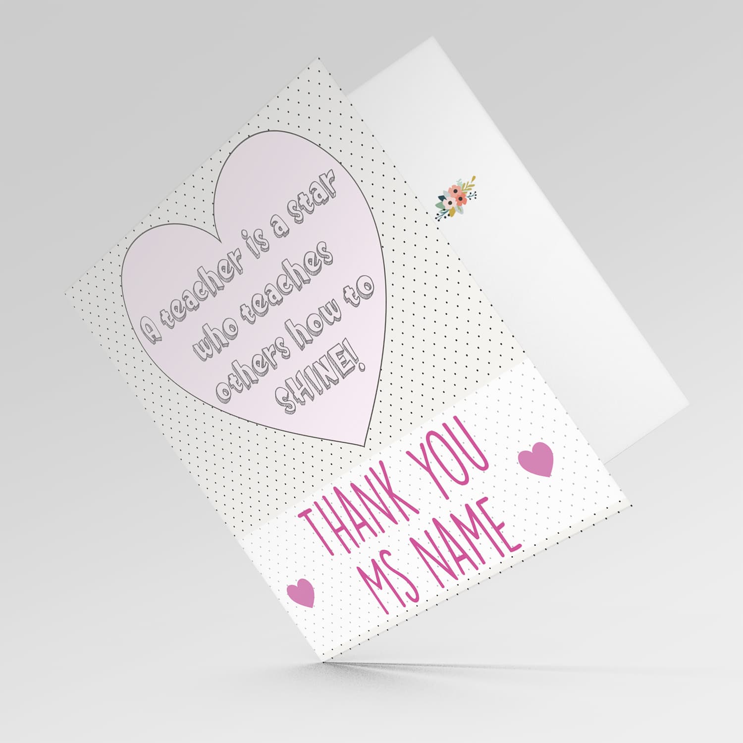Heart themed personalisable thank you card for teacher in English
