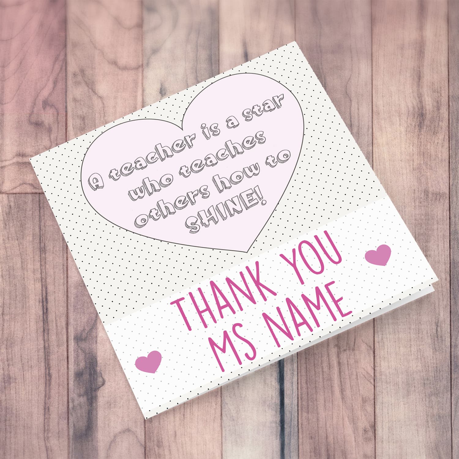 Heart themed personalisable thank you card for teacher in English