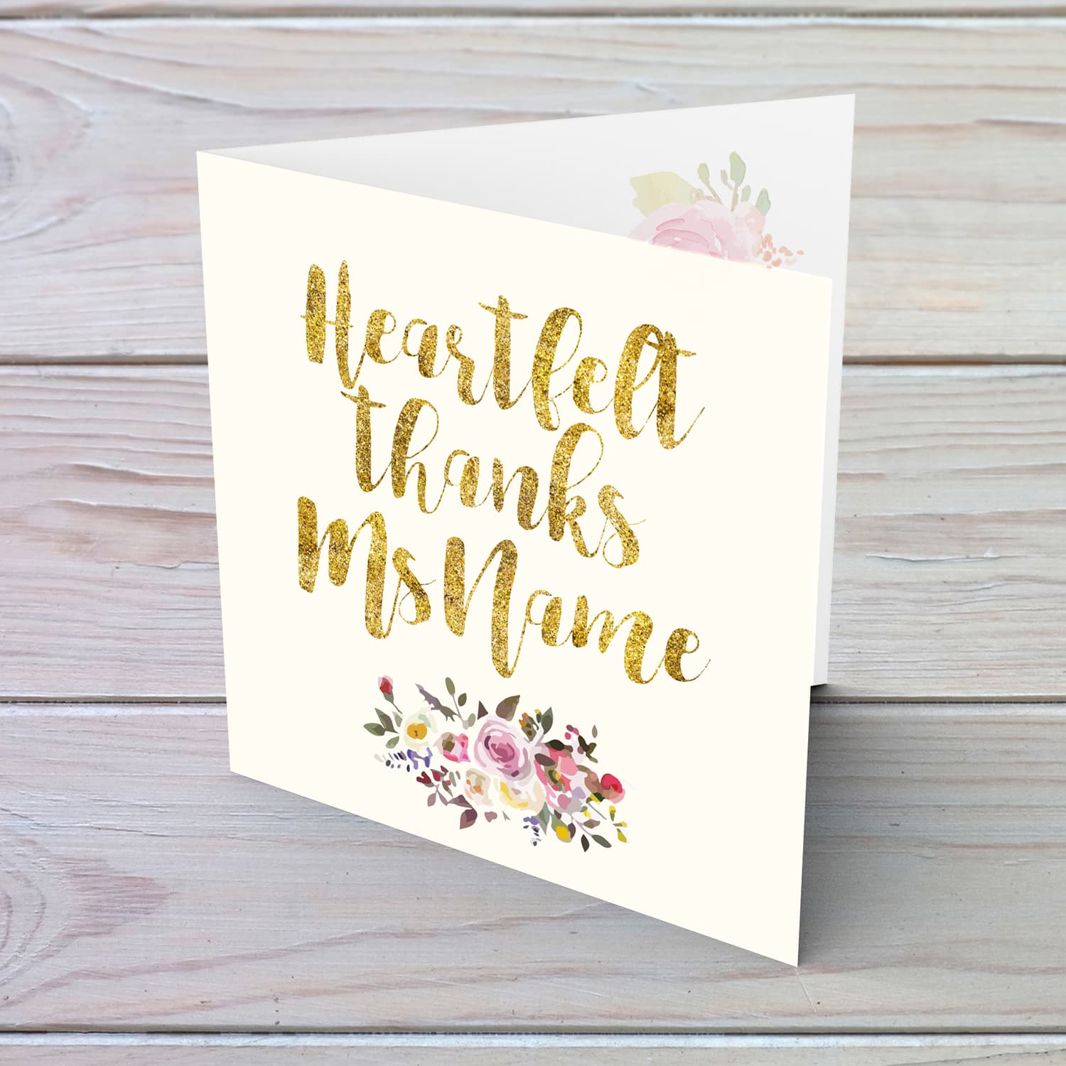 Golden glitter thank you card for teacher / LSE / carer / head of school / Assistant Head with flowers in English
