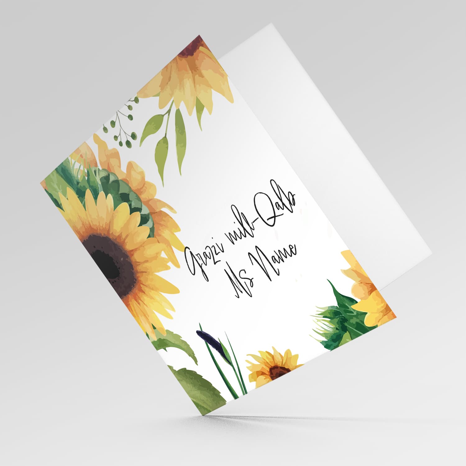 Sunflower themed personalisable thank you card for teacher / carer / lse / head of school / assistant head in Maltese