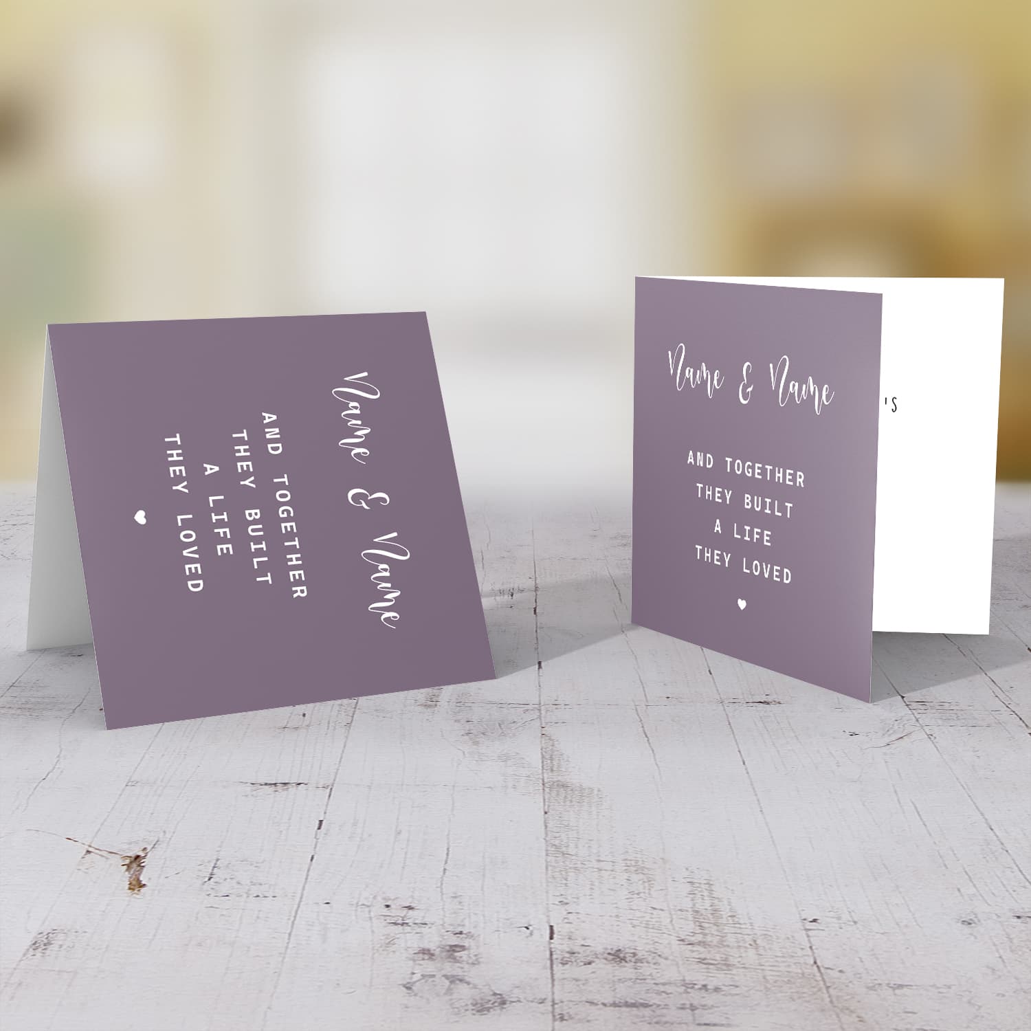Purple background with white text and heart Valentine's card in English