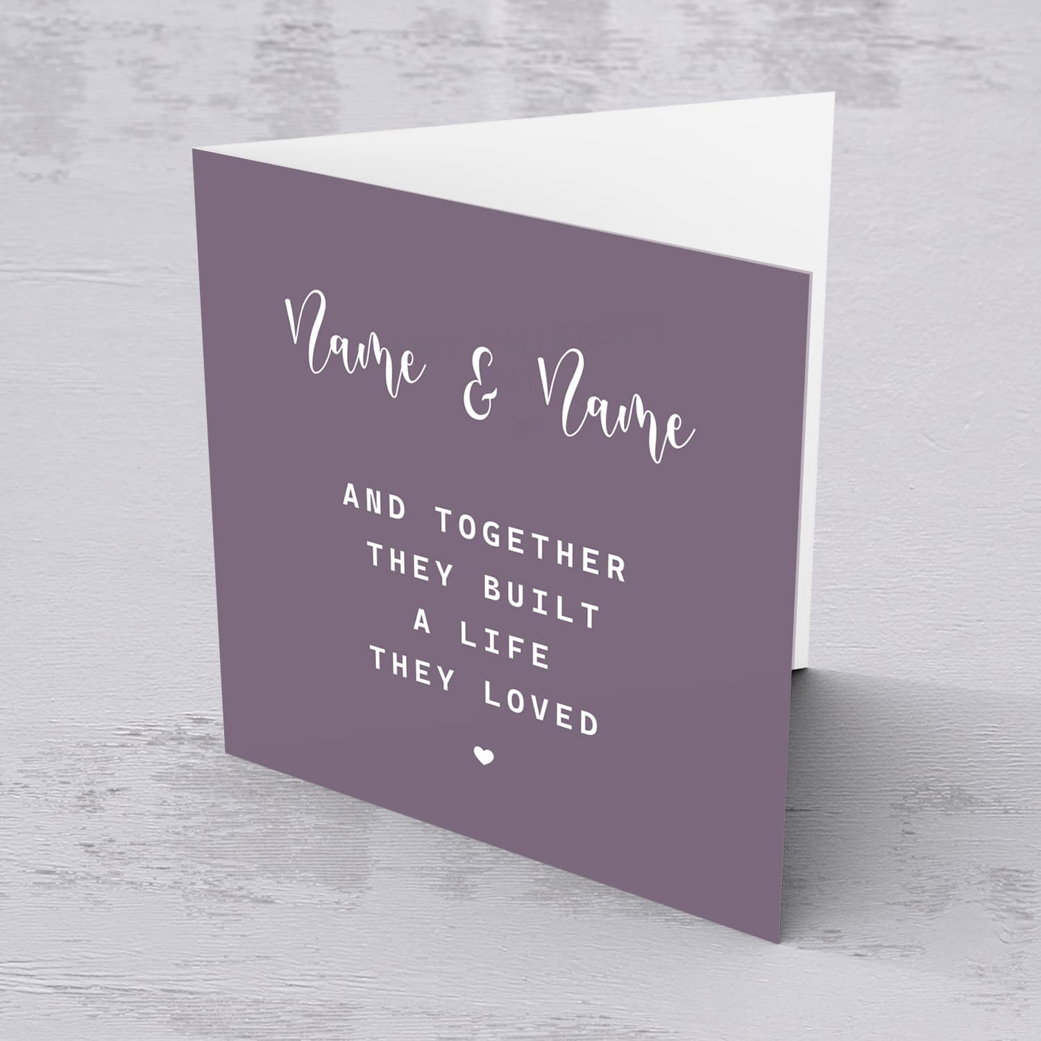 Purple background with white text and heart Valentine's card in English