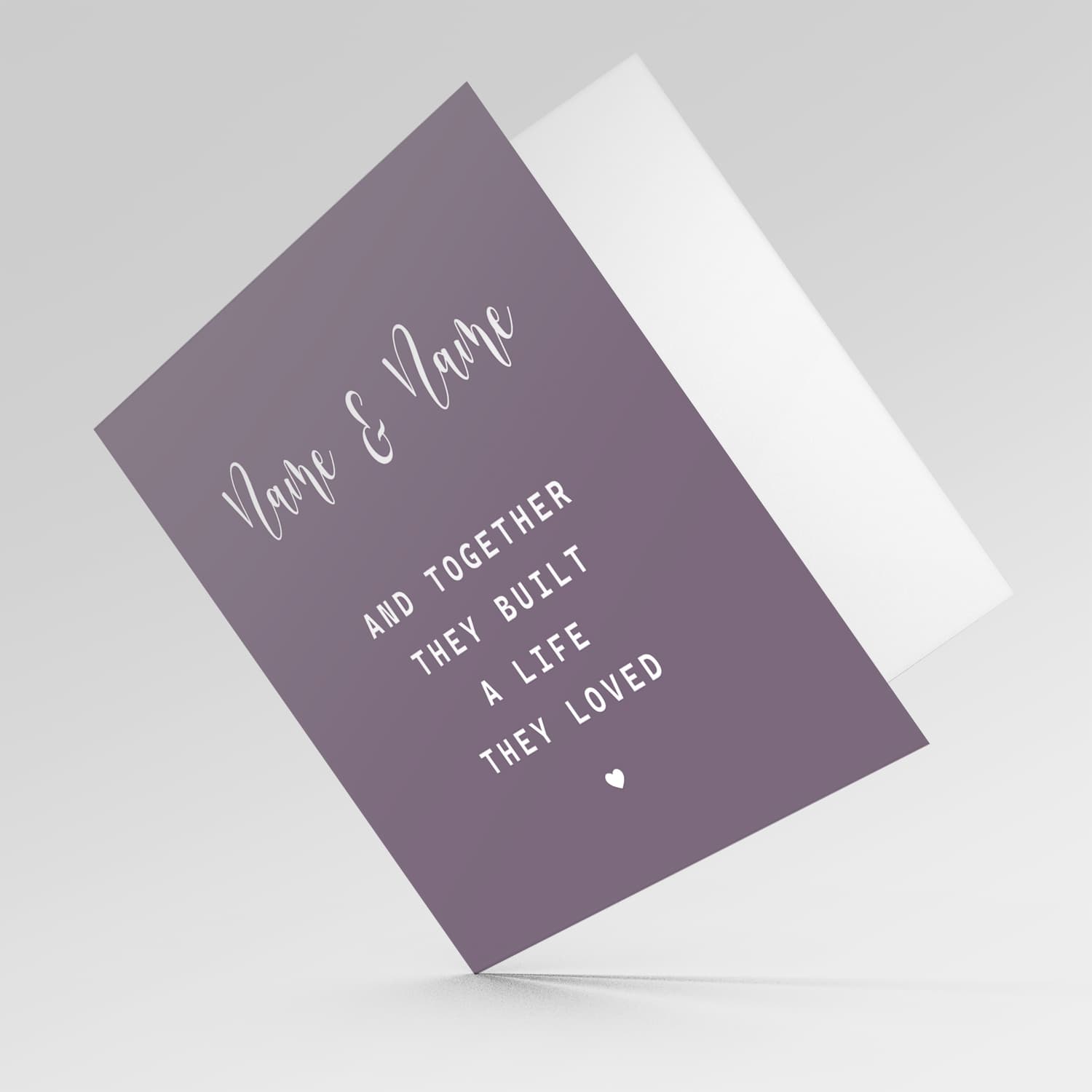 Purple background with white text and heart Valentine's card in English