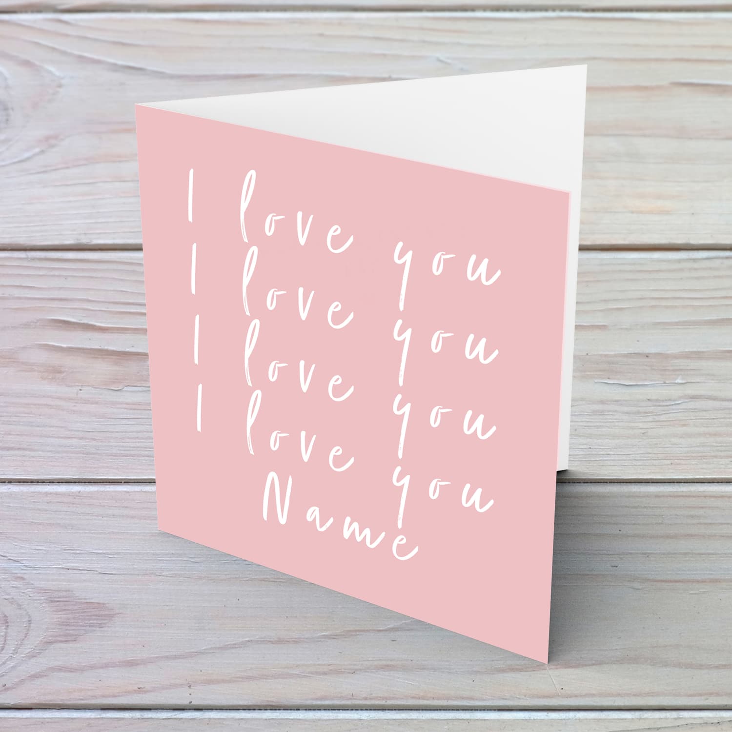 Pink background with white text, repetitive I love you, personalisable Valentine's card in English