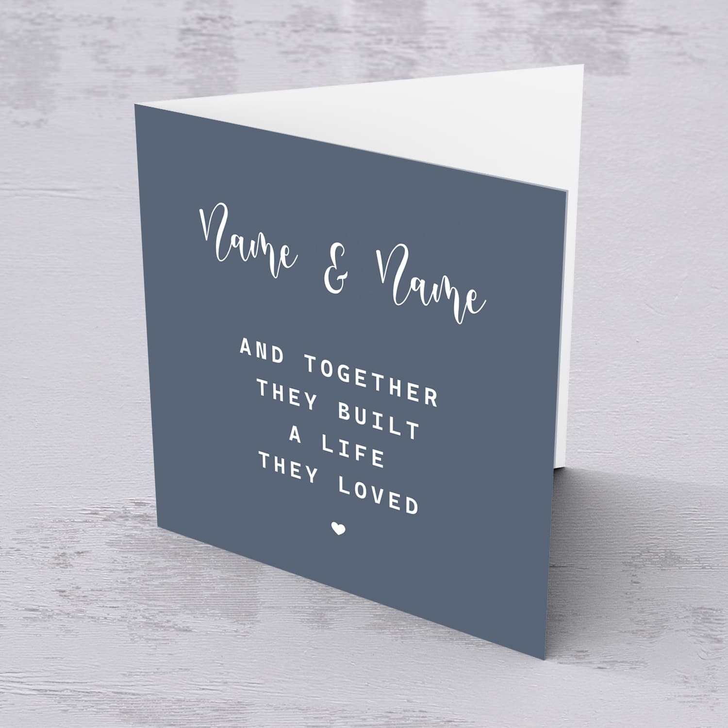 Dark blue/grey background with white text and heart personaliseable Valentine's card in English