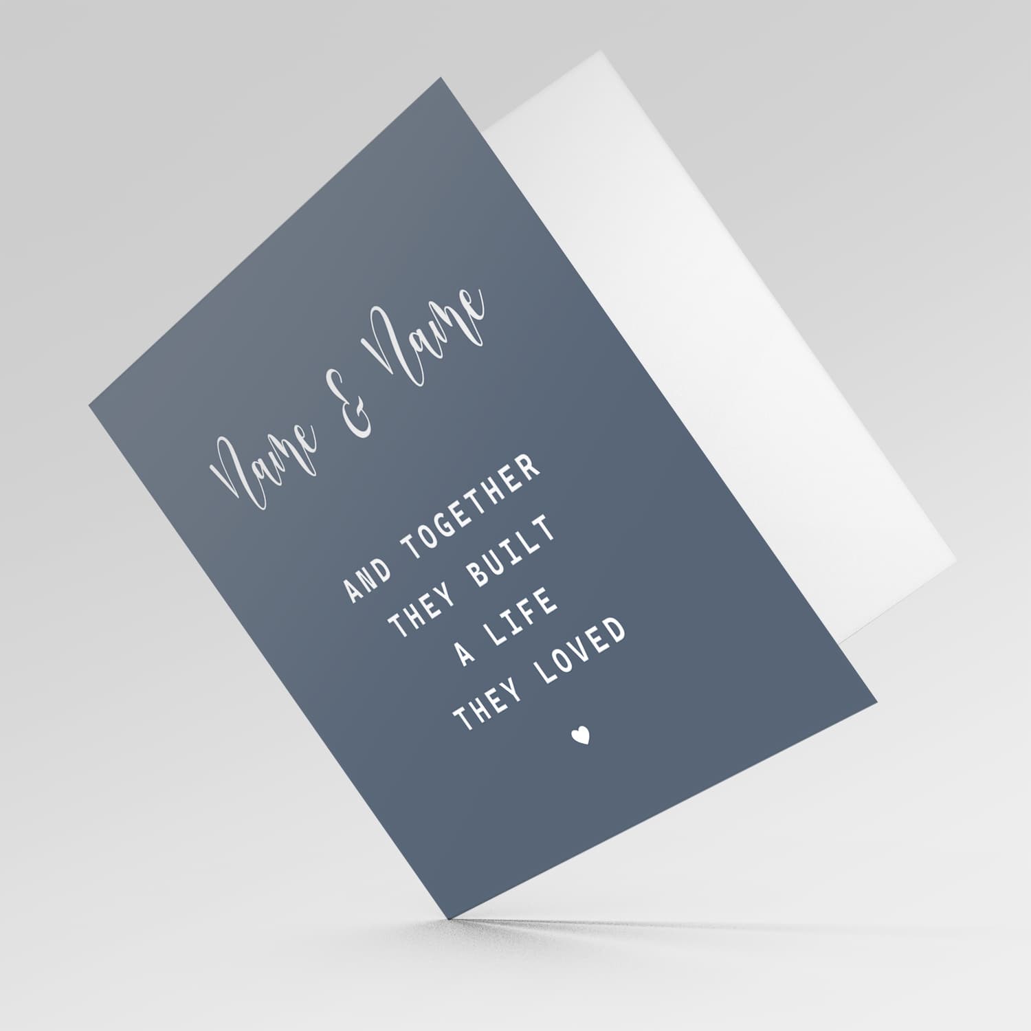 Dark blue/grey background with white text and heart personaliseable Valentine's card in English