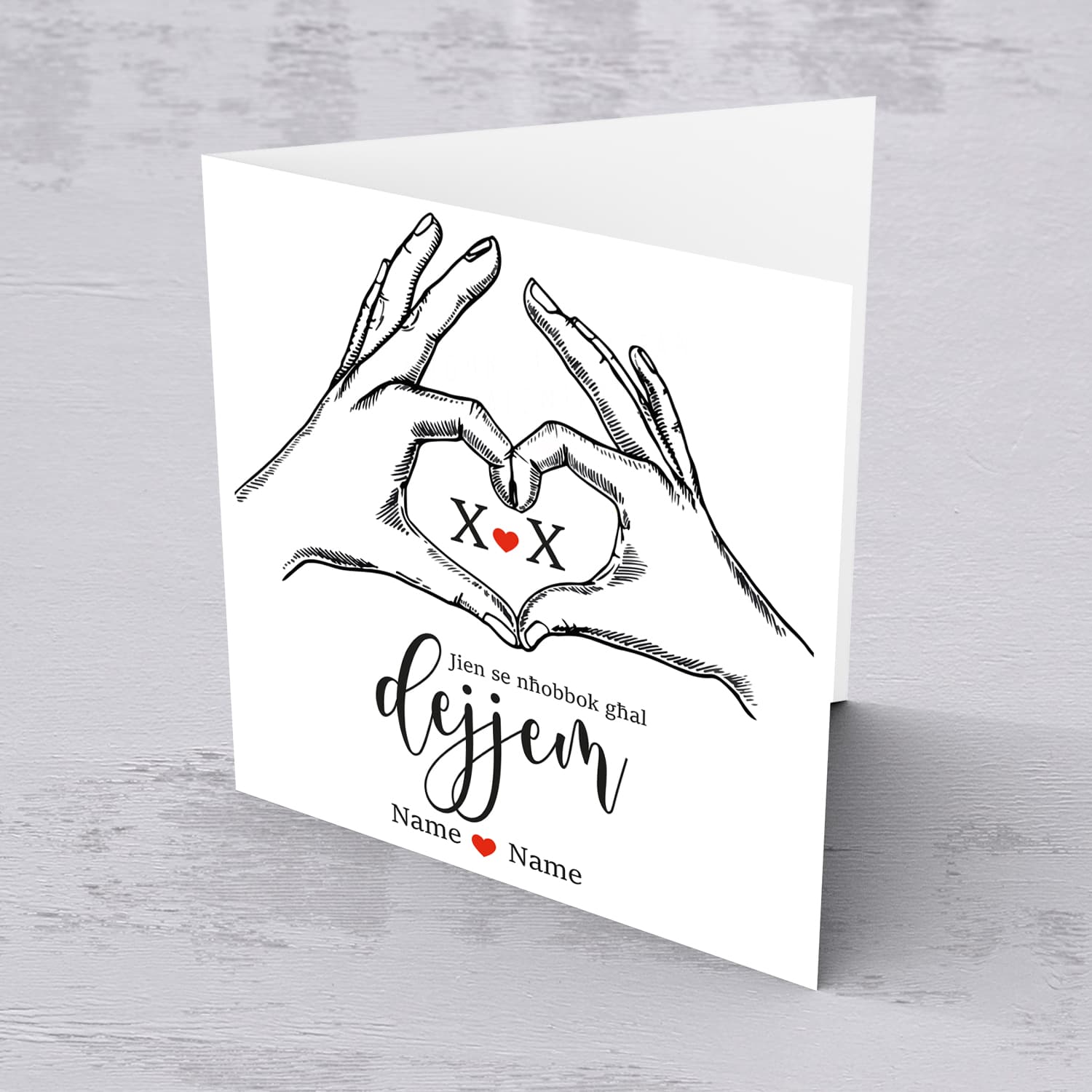 Hands making a heart personalisable Valentine's Day card - with names and initials - I will love you forever - in Maltese