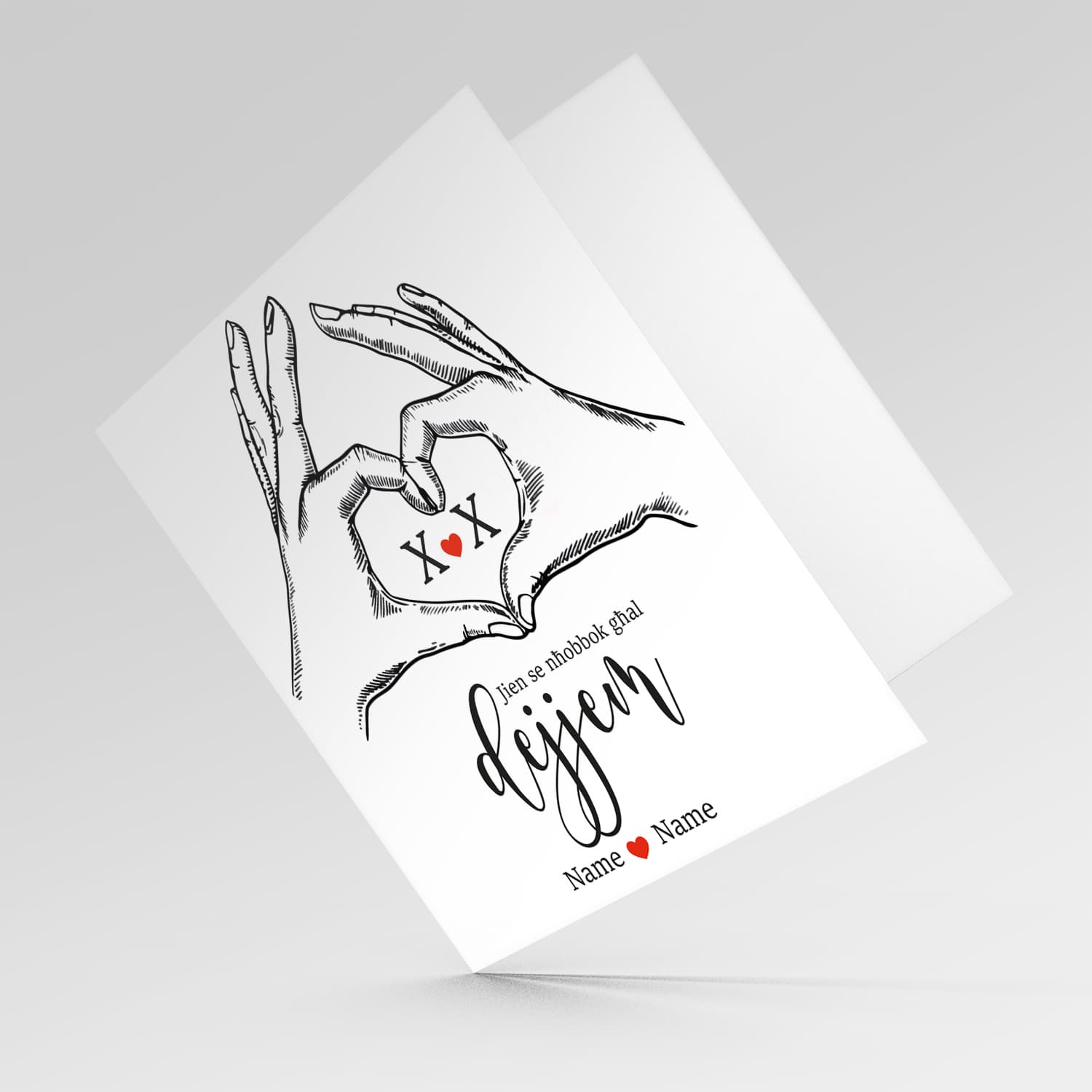 Hands making a heart personalisable Valentine's Day card - with names and initials - I will love you forever - in Maltese