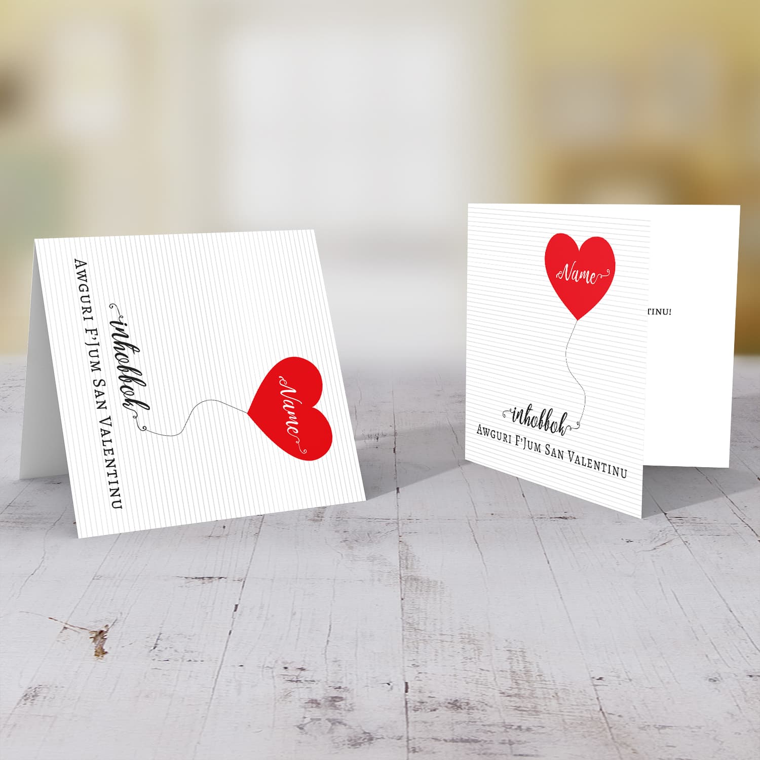 Striped background with red floating heart Valentine's Card in Maltese (Personalisable)