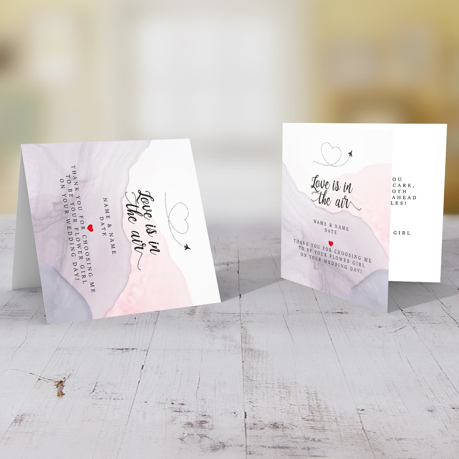 Watercolour background in pink and purple personalisable Wedding card from Flower girl in English