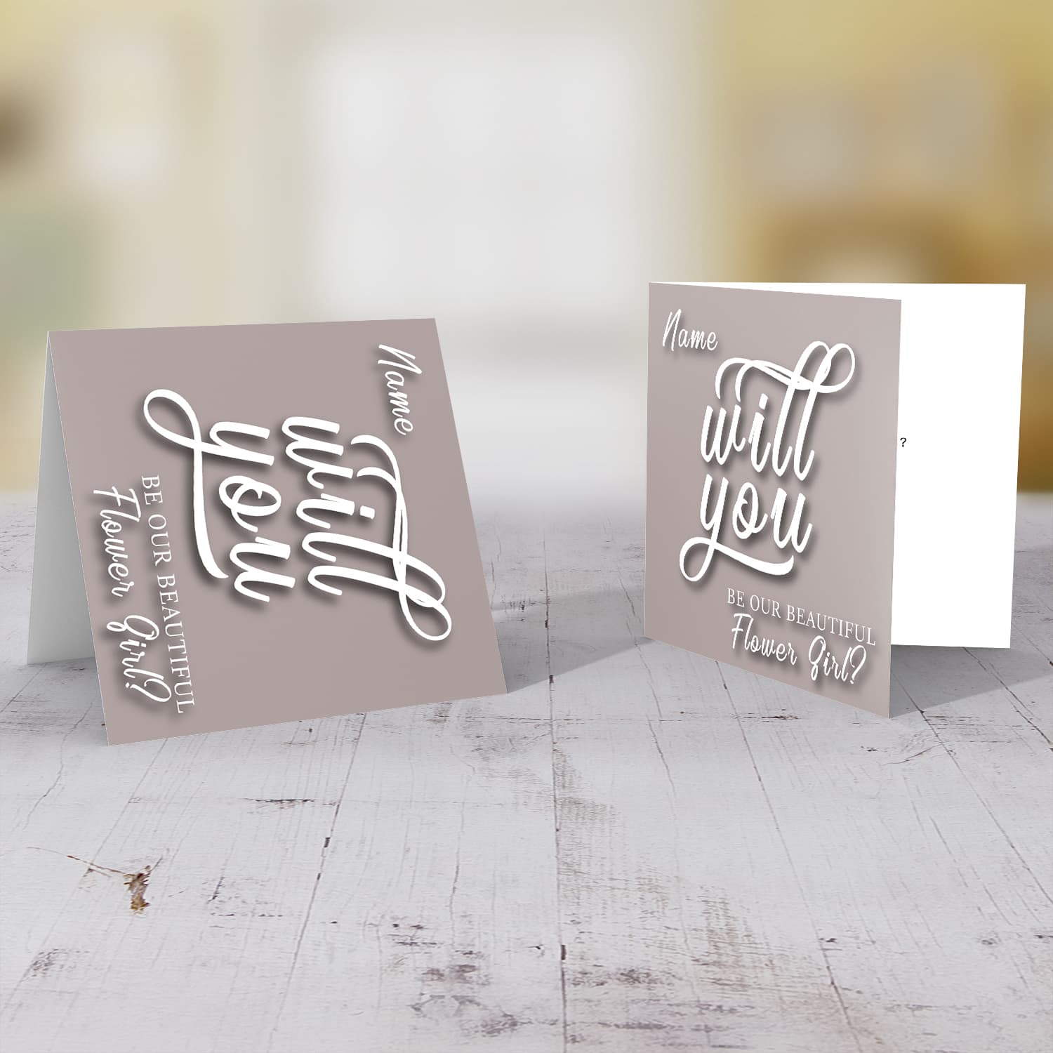 Will yo be our beautiful Flower Girl? - Personalisable Bridal card in English with neutral background and white text  