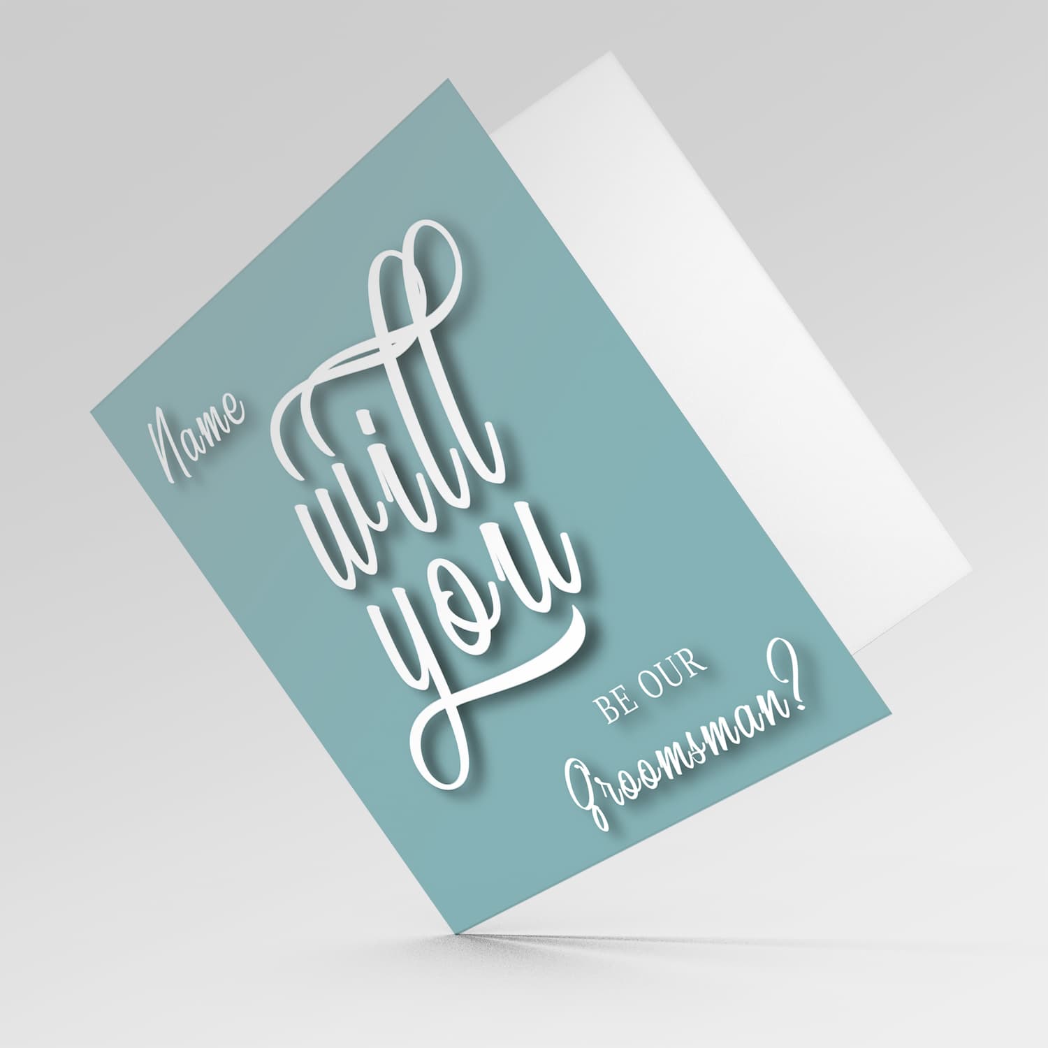 Will yo be our Groomsman? - Personalisable Bridal card in English with dark turquoise background and white text  