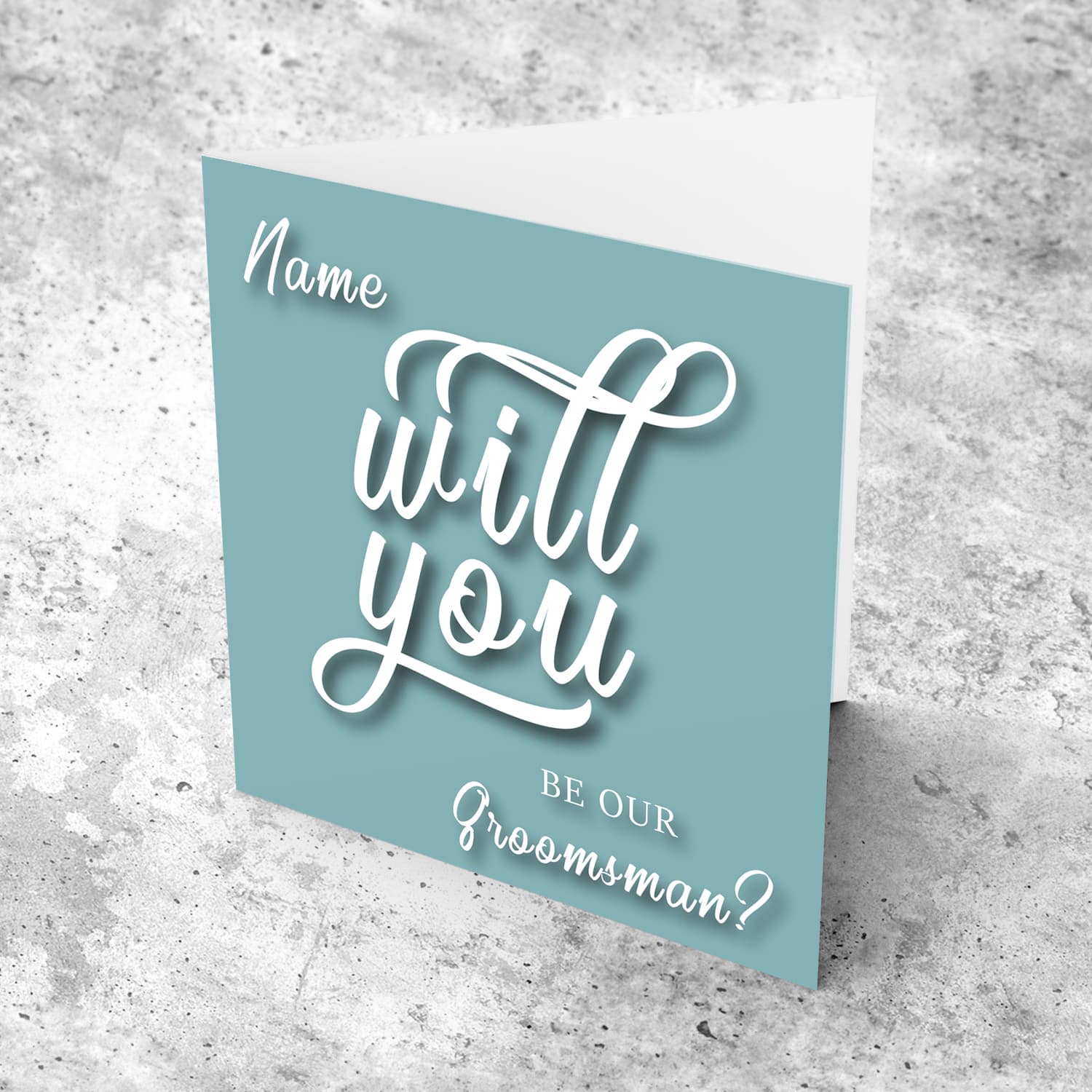 Will yo be our Groomsman? - Personalisable Bridal card in English with dark turquoise background and white text  