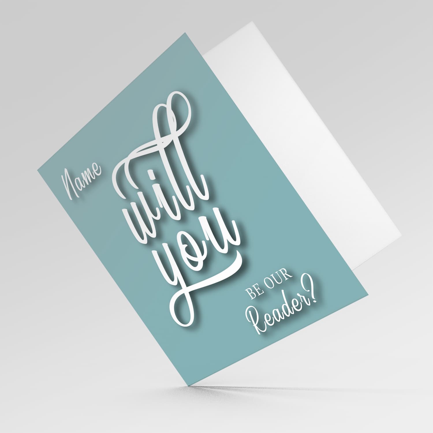 Will yo be our reader? - Personalisable Bridal card in English with dark turquoise background and white text  