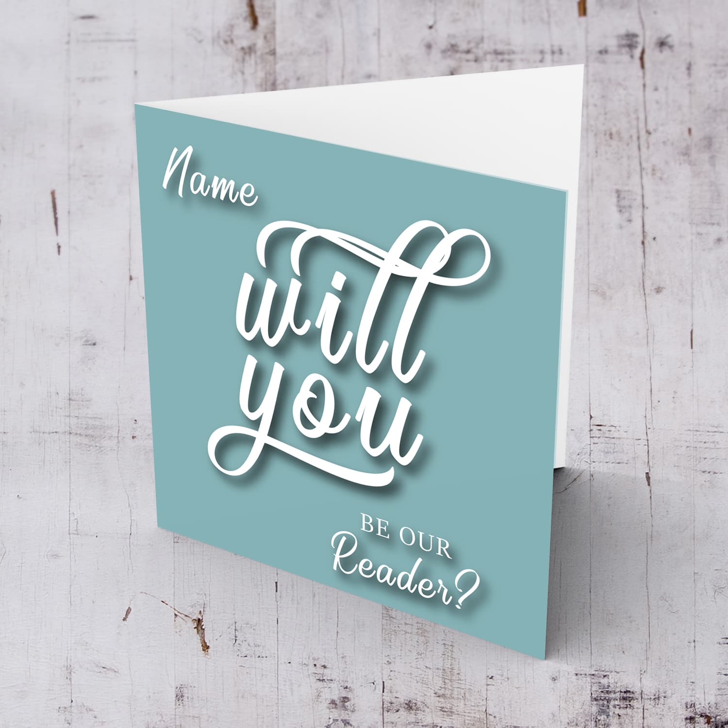 Will yo be our reader? - Personalisable Bridal card in English with dark turquoise background and white text  