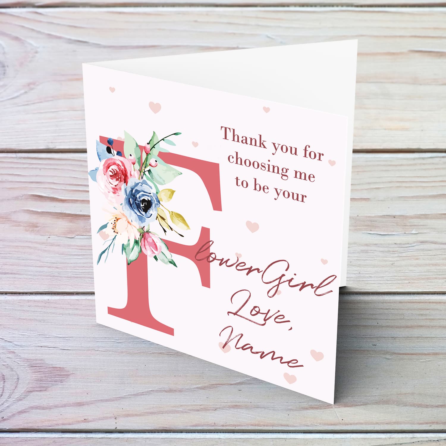 Wedding card from Flowergirl in English with pink hearts and florals (Personalisable)