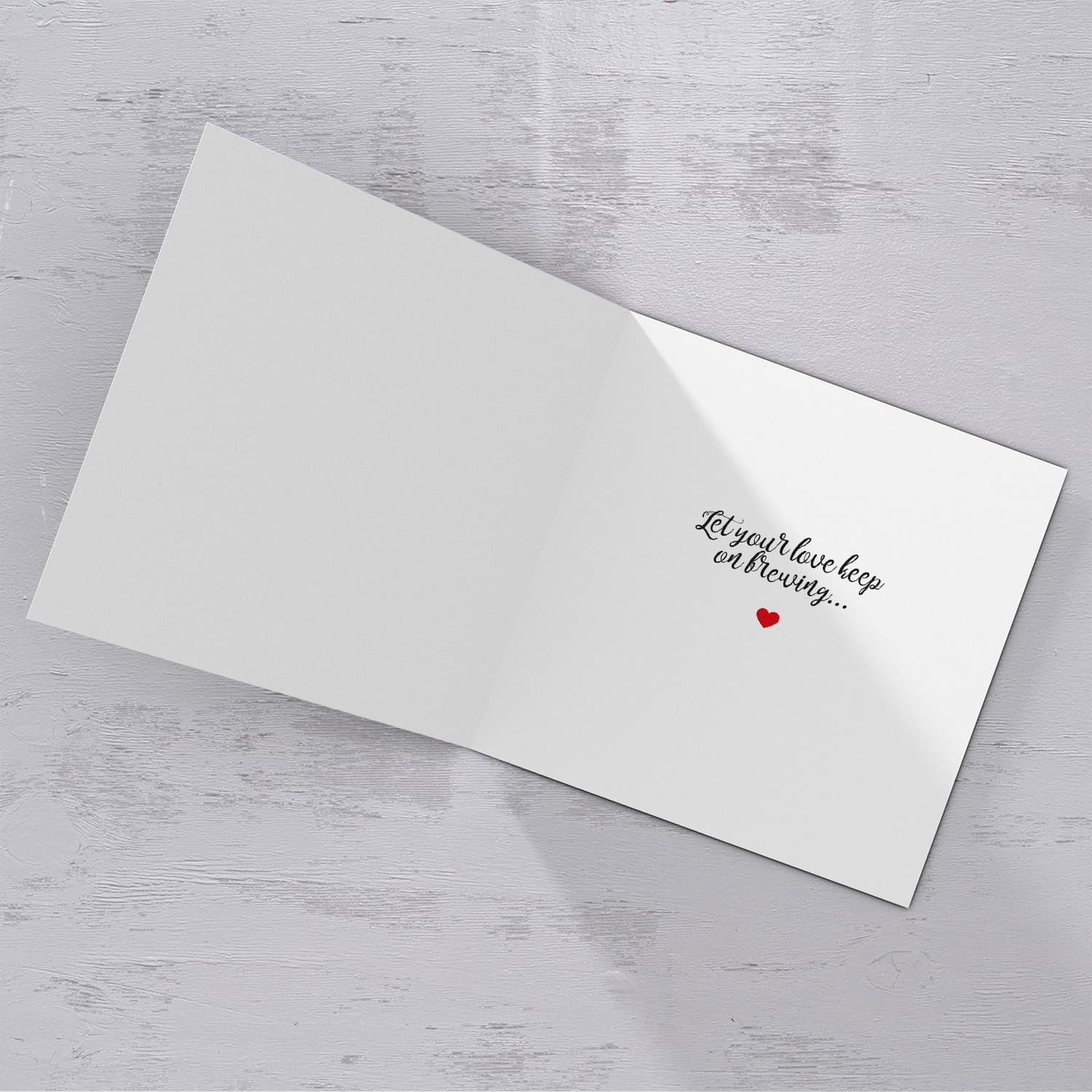 Cup themed personalisable wedding / engagement card with scattered coffee beans in the background in English 