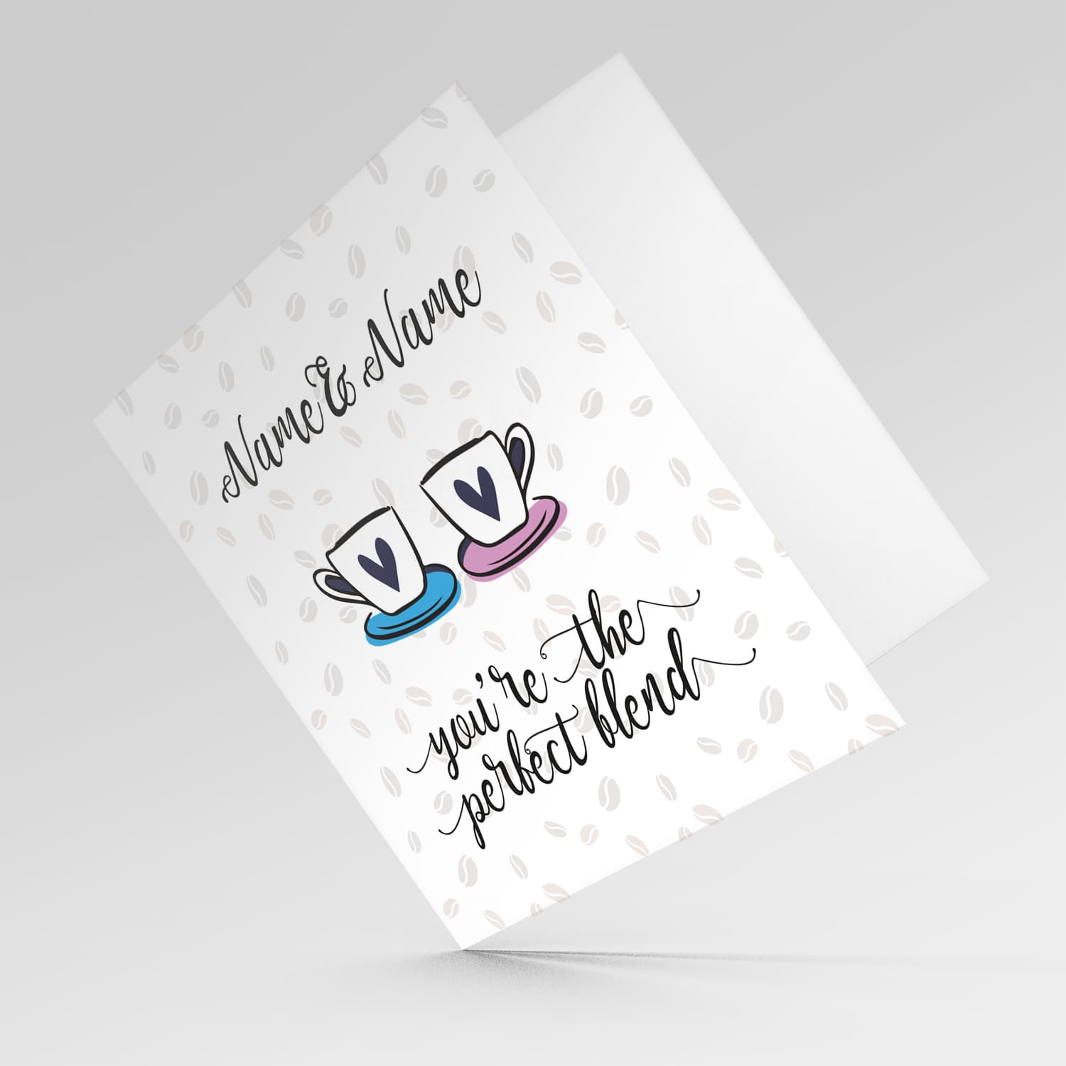 Cup themed personalisable wedding / engagement card with scattered coffee beans in the background in English 