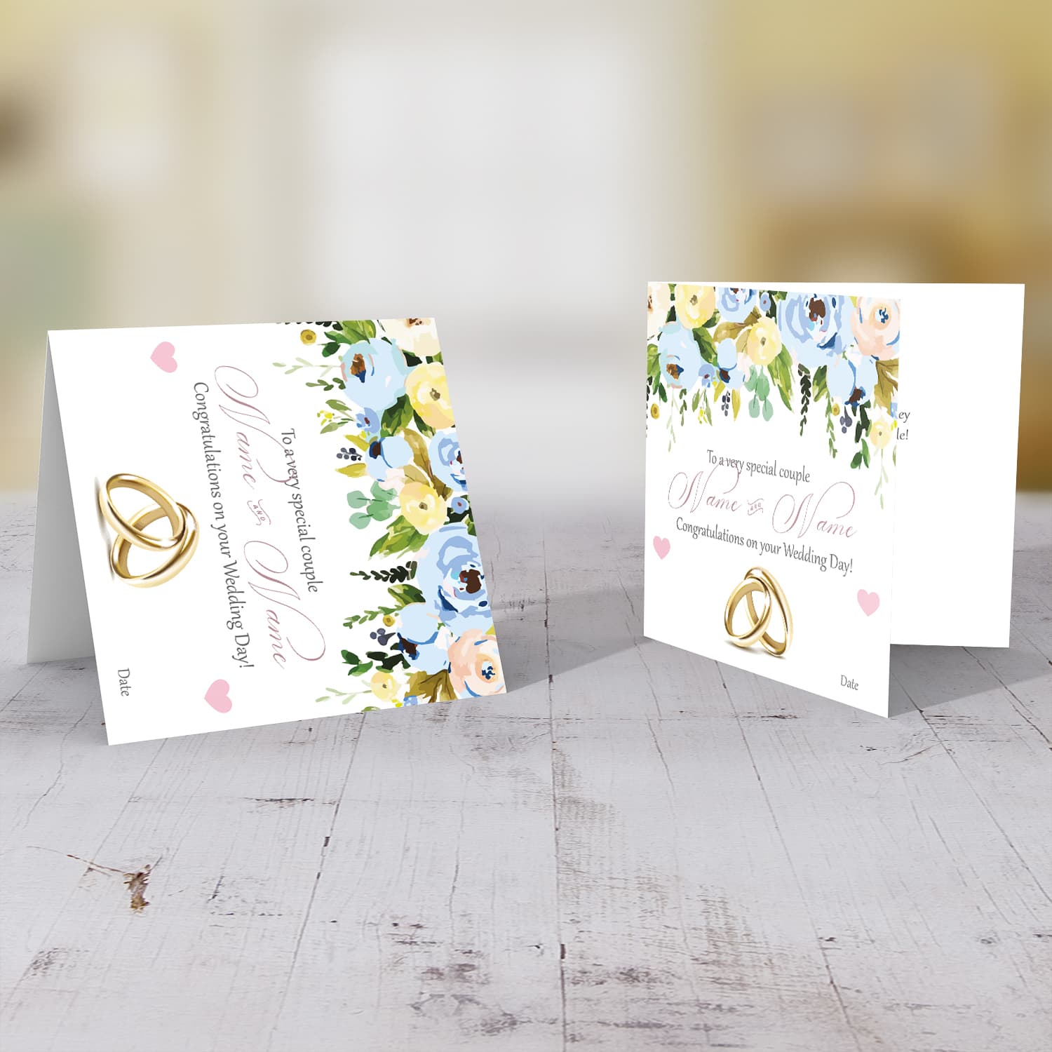 Floral personalisable Wedding card in in blue tones in English with wedding rings
