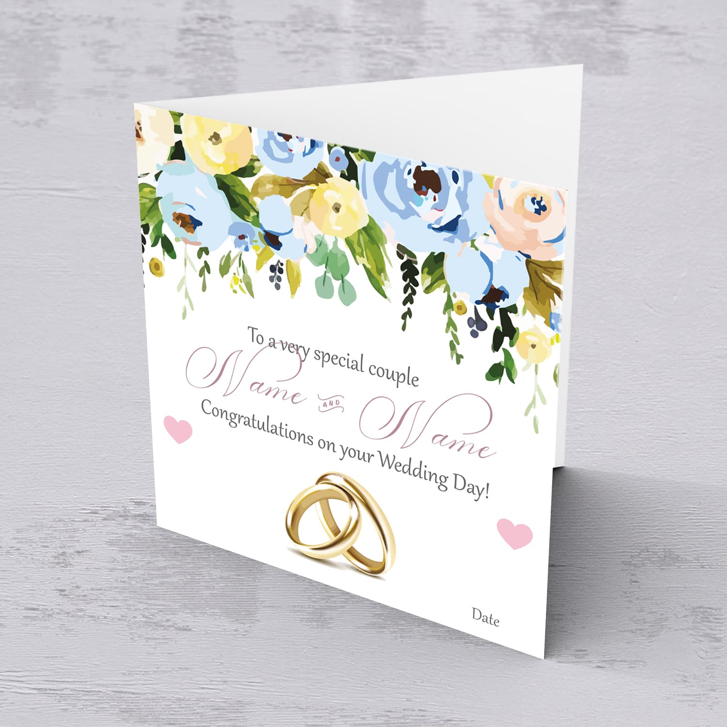 Floral personalisable Wedding card in in blue tones in English with wedding rings
