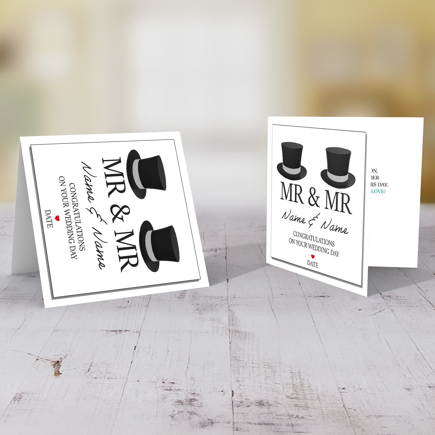 Same sex marriage (Male) wedding card with two hats in English (Personalisable)