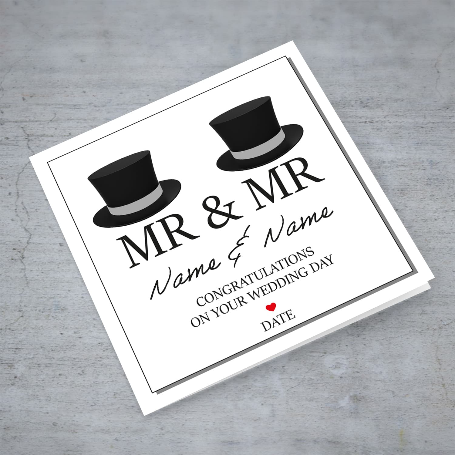 Same sex marriage (Male) wedding card with two hats in English (Personalisable)