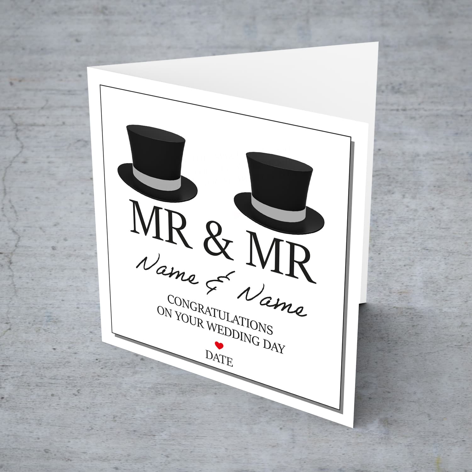 Same sex marriage (Male) wedding card with two hats in English (Personalisable)