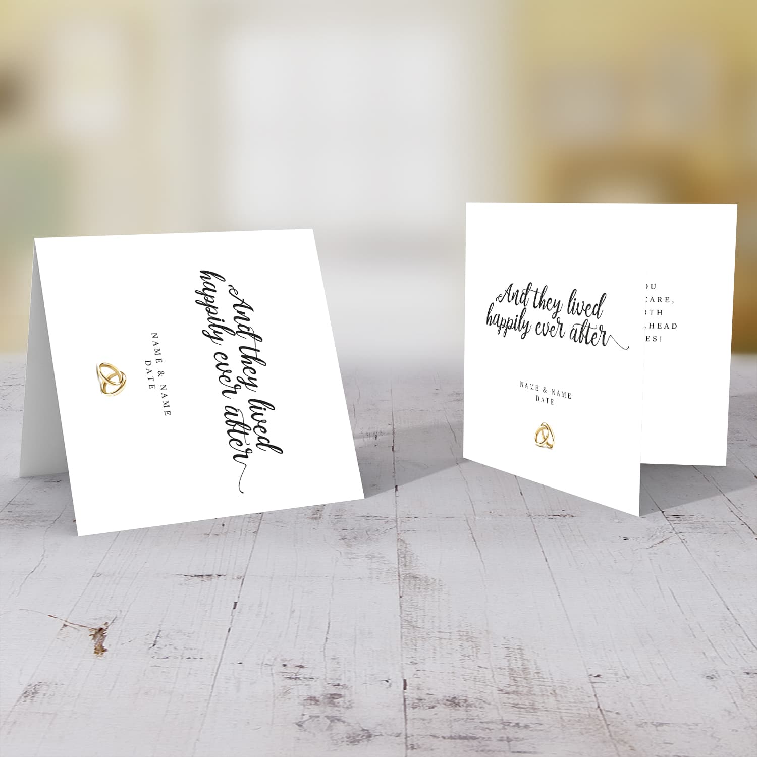 Minimalist personalisable wedding card with wedding rings in English