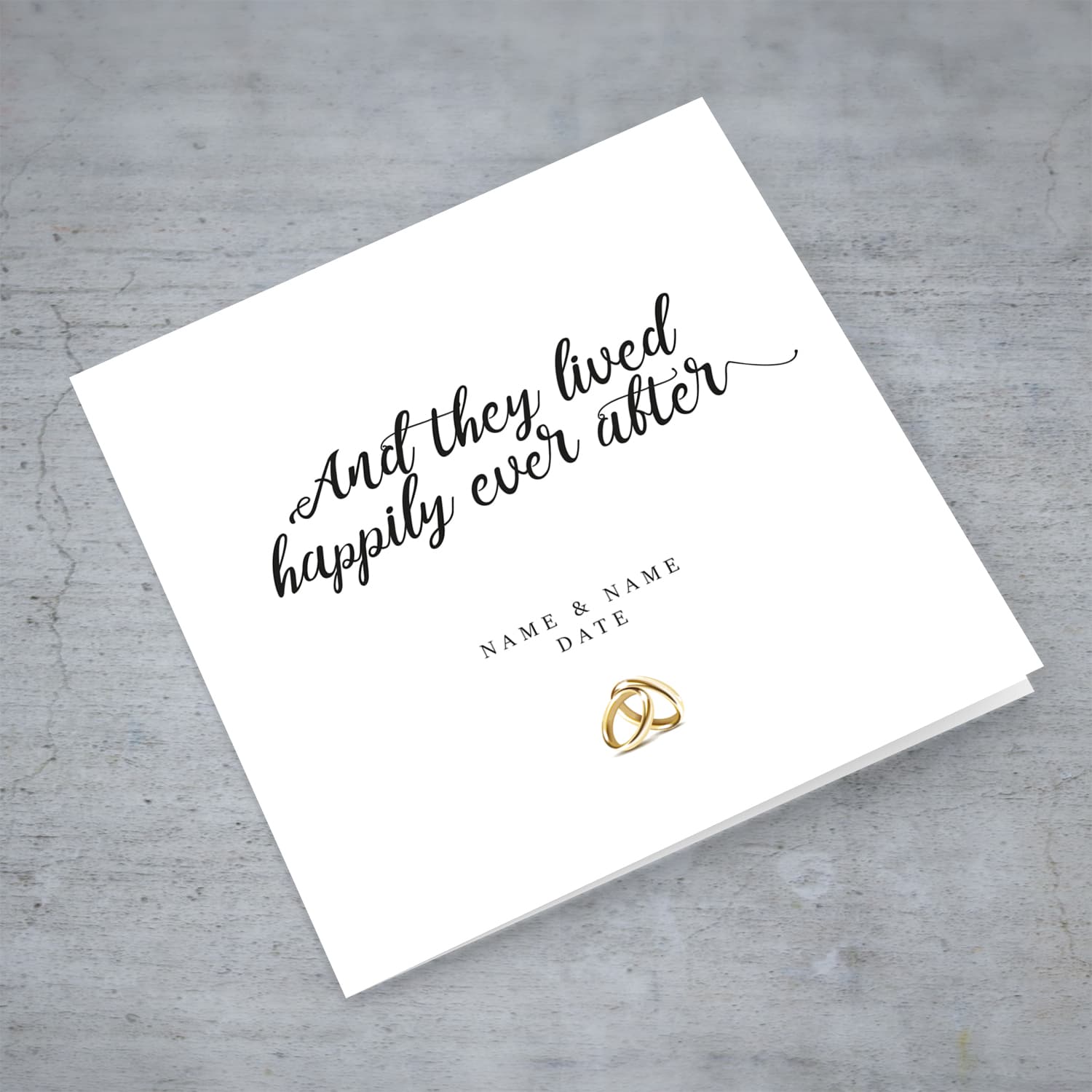 Minimalist personalisable wedding card with wedding rings in English
