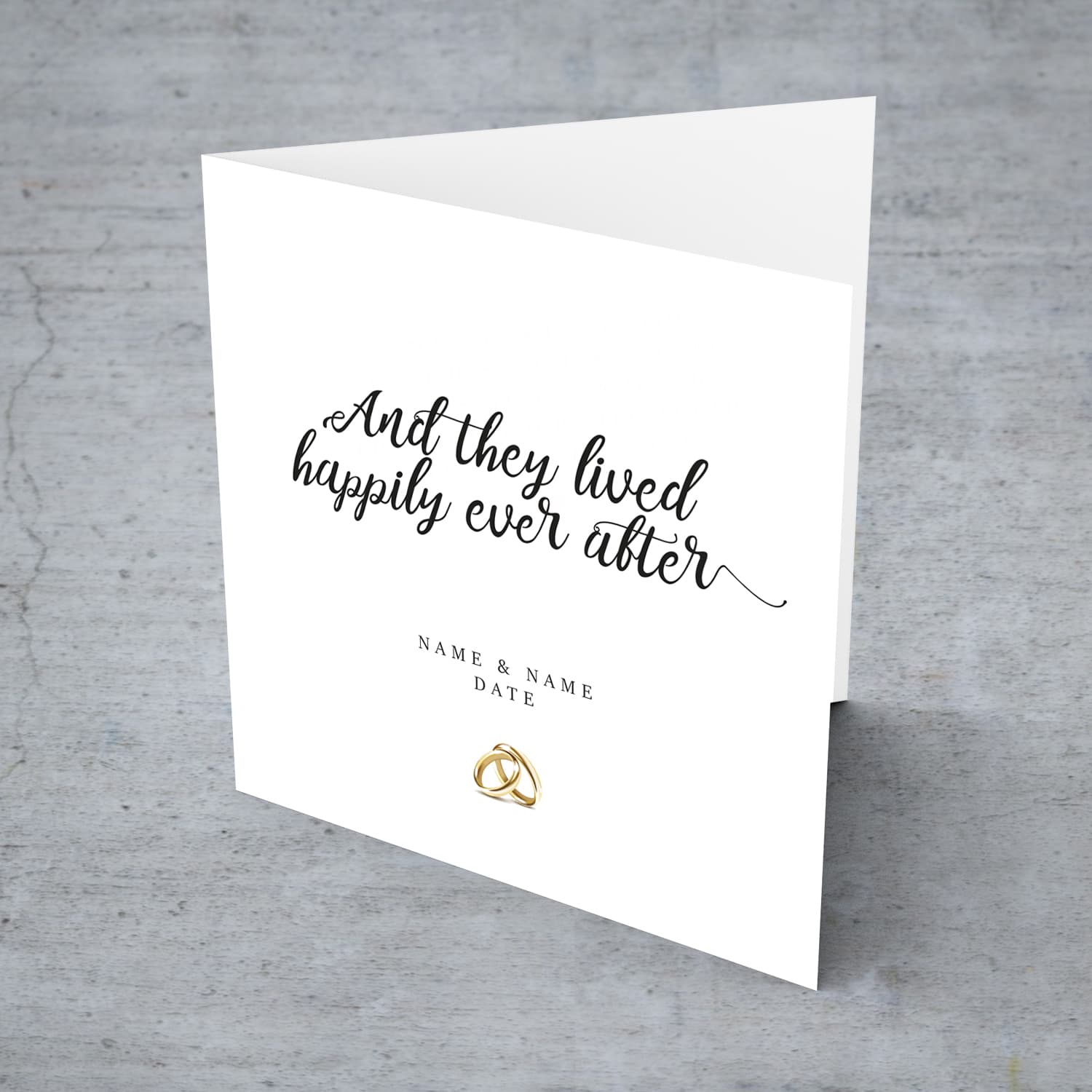 Minimalist personalisable wedding card with wedding rings in English