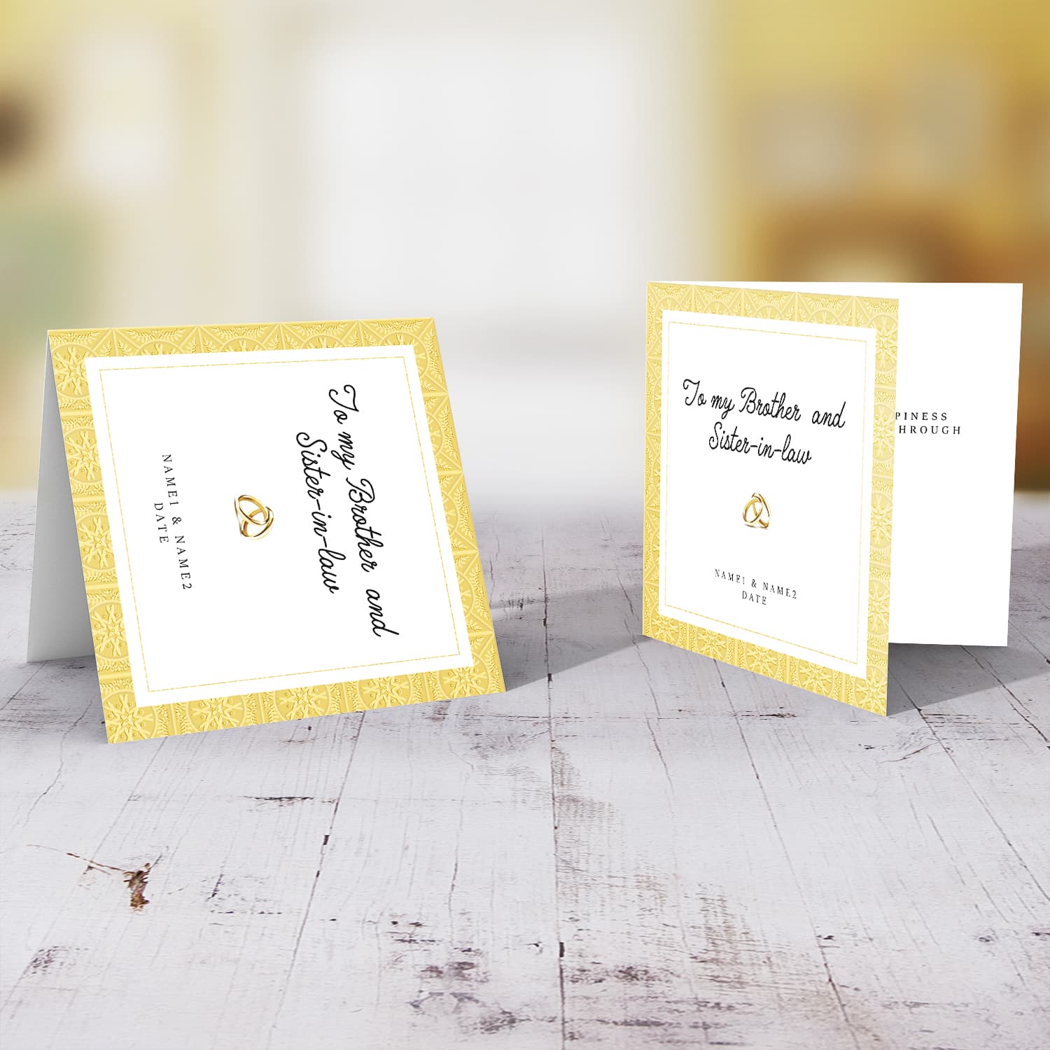 Golden border wedding card with wedding bands for brother and sister-in-law in English (Personalisable)